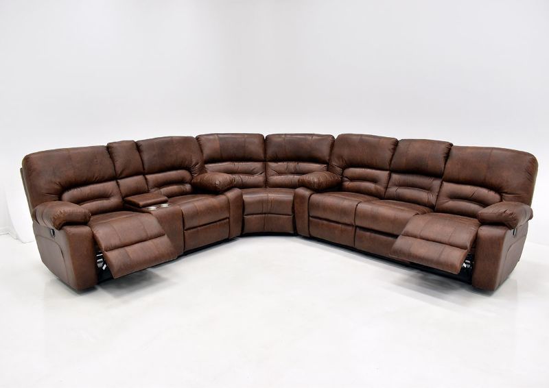 Warm Pecan Brown Gallagher Reclining Sectional Sofa by Kinsmen East Showing the Front View With Two Recliners Open on Each End | Home Furniture Plus Bedding