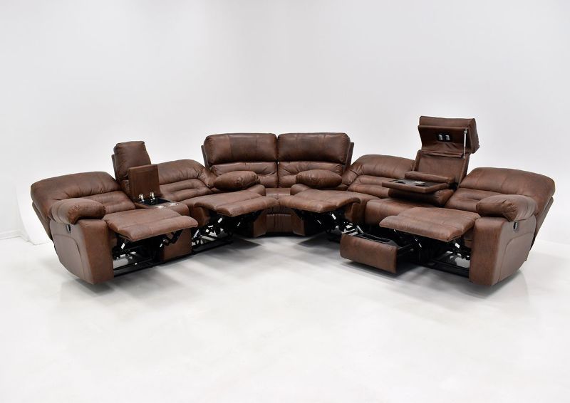 Warm Pecan Brown Gallagher Reclining Sectional Sofa by Kinsmen East Showing the Front View in a Fully Reclined and Open Position | Home Furniture Plus Bedding