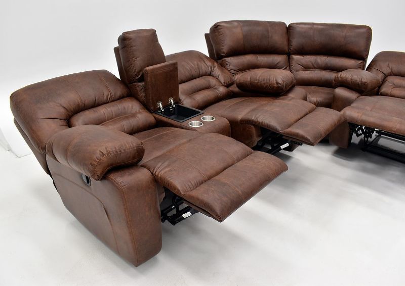 Warm Pecan Brown Gallagher Reclining Sectional Sofa by Kinsmen East Showing the Left Side Loveseat Reclined | Home Furniture Plus Bedding