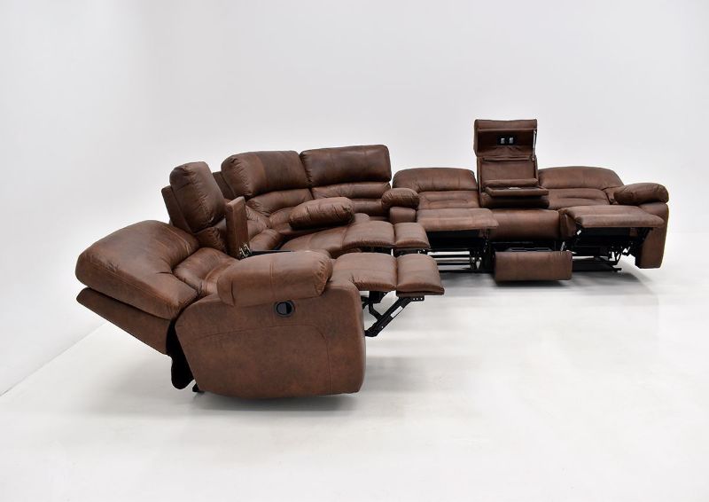 Warm Pecan Brown Gallagher Reclining Sectional Sofa by Kinsmen East Showing the Left View in a Fully Reclined and Open Position | Home Furniture Plus Bedding