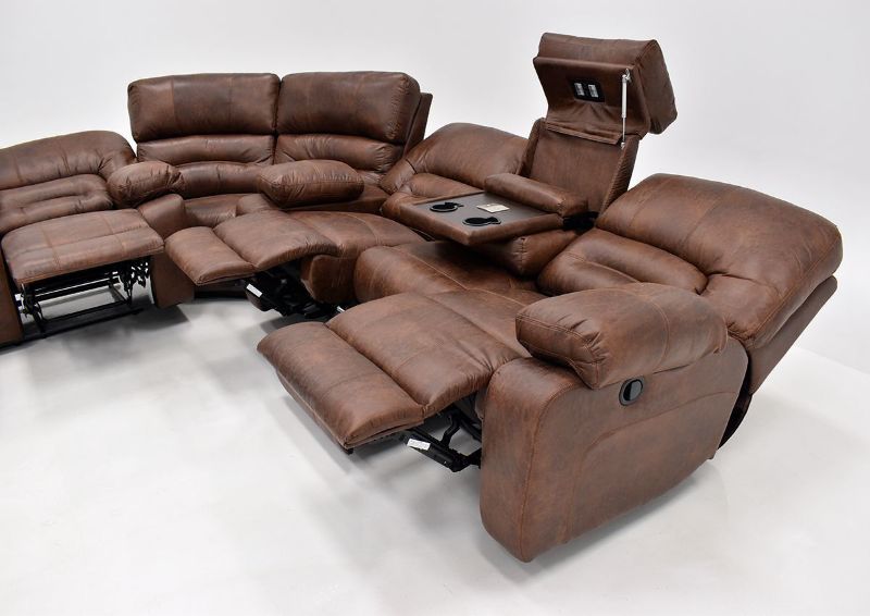 Warm Pecan Brown Gallagher Reclining Sectional Sofa by Kinsmen East Showing the Right View in a Fully Reclined and Open Position | Home Furniture Plus Bedding