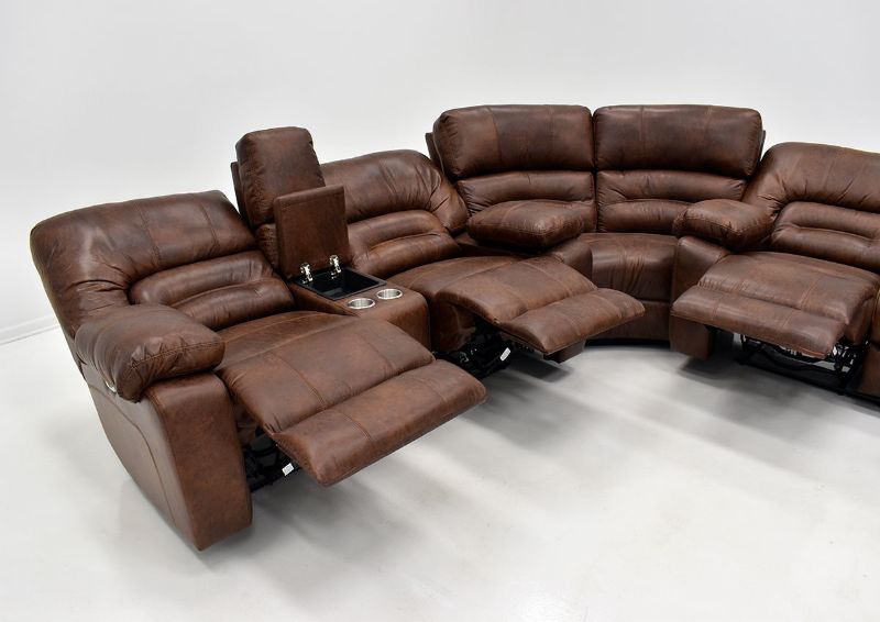Warm Pecan Brown Gallagher POWER Reclining Sectional Sofa Kinsman East Showing the Left Side View in a Fully Reclined Position | Home Furniture Plus Bedding