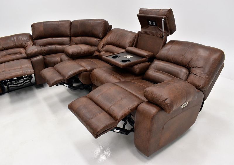 Warm Pecan Brown Gallagher POWER Reclining Sectional Sofa Kinsman East Showing the Right Side View in a Fully Reclined Position | Home Furniture Plus Bedding