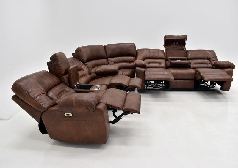 Warm Pecan Brown Gallagher POWER Reclining Sectional Sofa Kinsman East Showing the Left View in a Fully Reclined Position | Home Furniture Plus Bedding