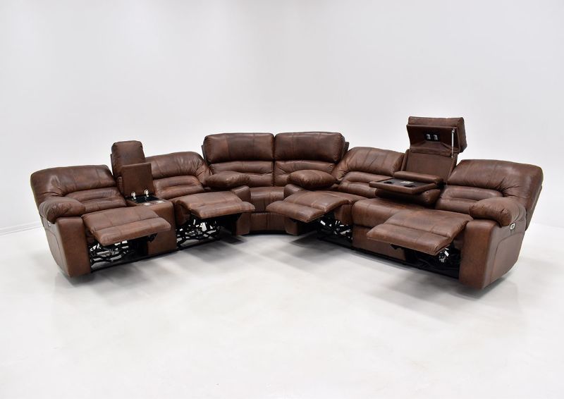 Warm Pecan Brown Gallagher POWER Reclining Sectional Sofa Kinsman East Showing the Front View in a Fully Reclined Position | Home Furniture Plus Bedding