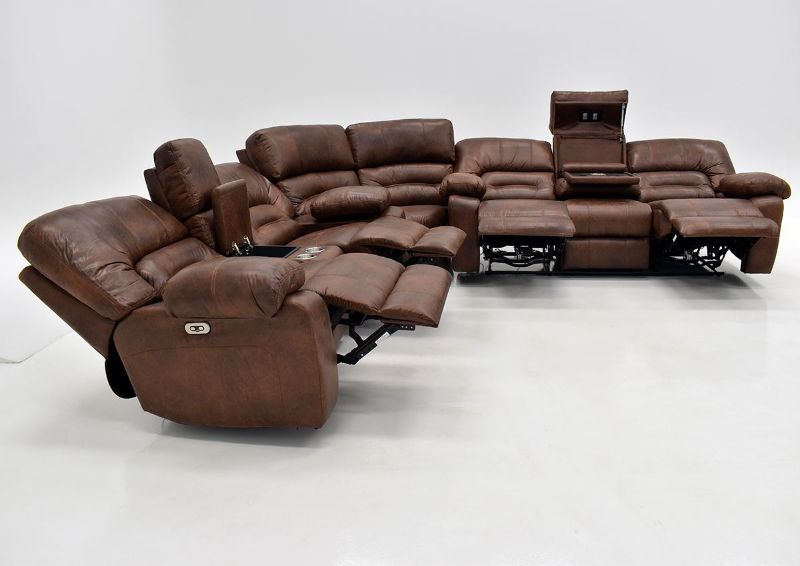 Warm Pecan Brown Gallagher POWER Reclining Sectional Sofa Kinsman East Showing the Side View in a Fully Reclined Position | Home Furniture Plus Bedding