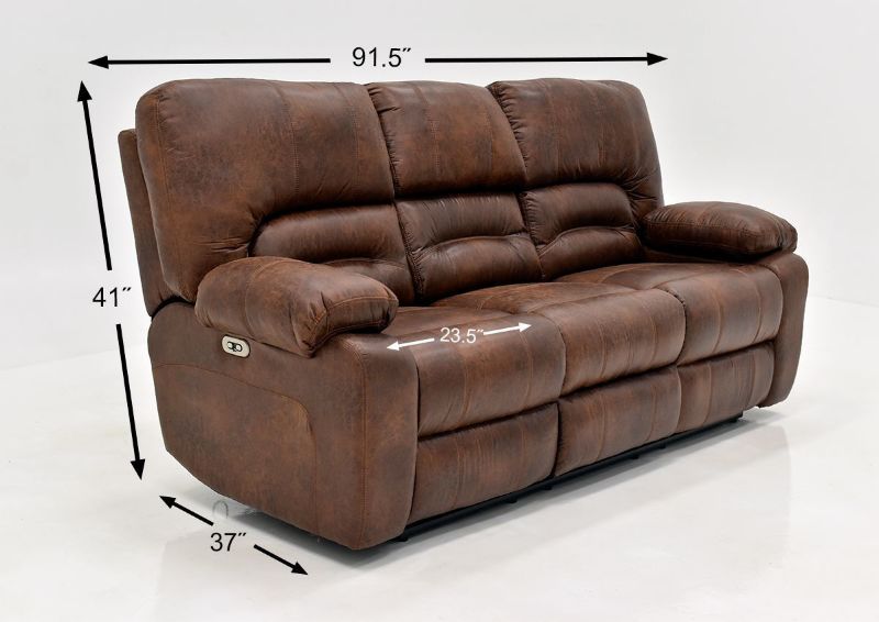 Warm Pecan Brown Gallagher POWER Reclining Sofa Set by Kinsmen East Showing the Sofa Dimensions | Home Furniture Plus Bedding