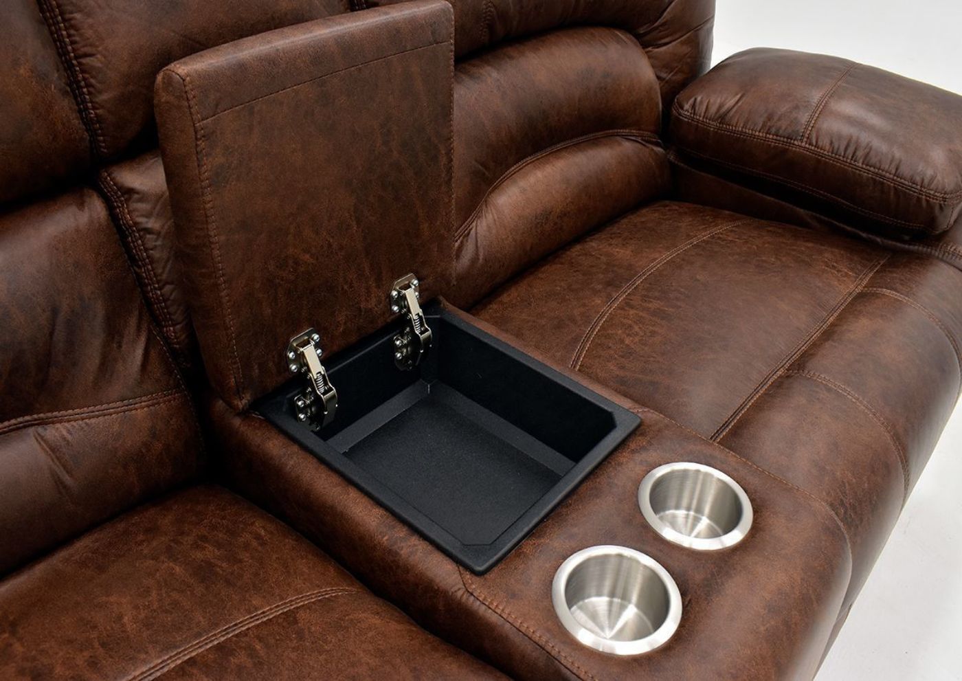 Warm Pecan Brown Gallagher POWER Reclining Sofa Set by Kinsmen East Showing the Loveseat Storage Console Detail | Home Furniture Plus Bedding