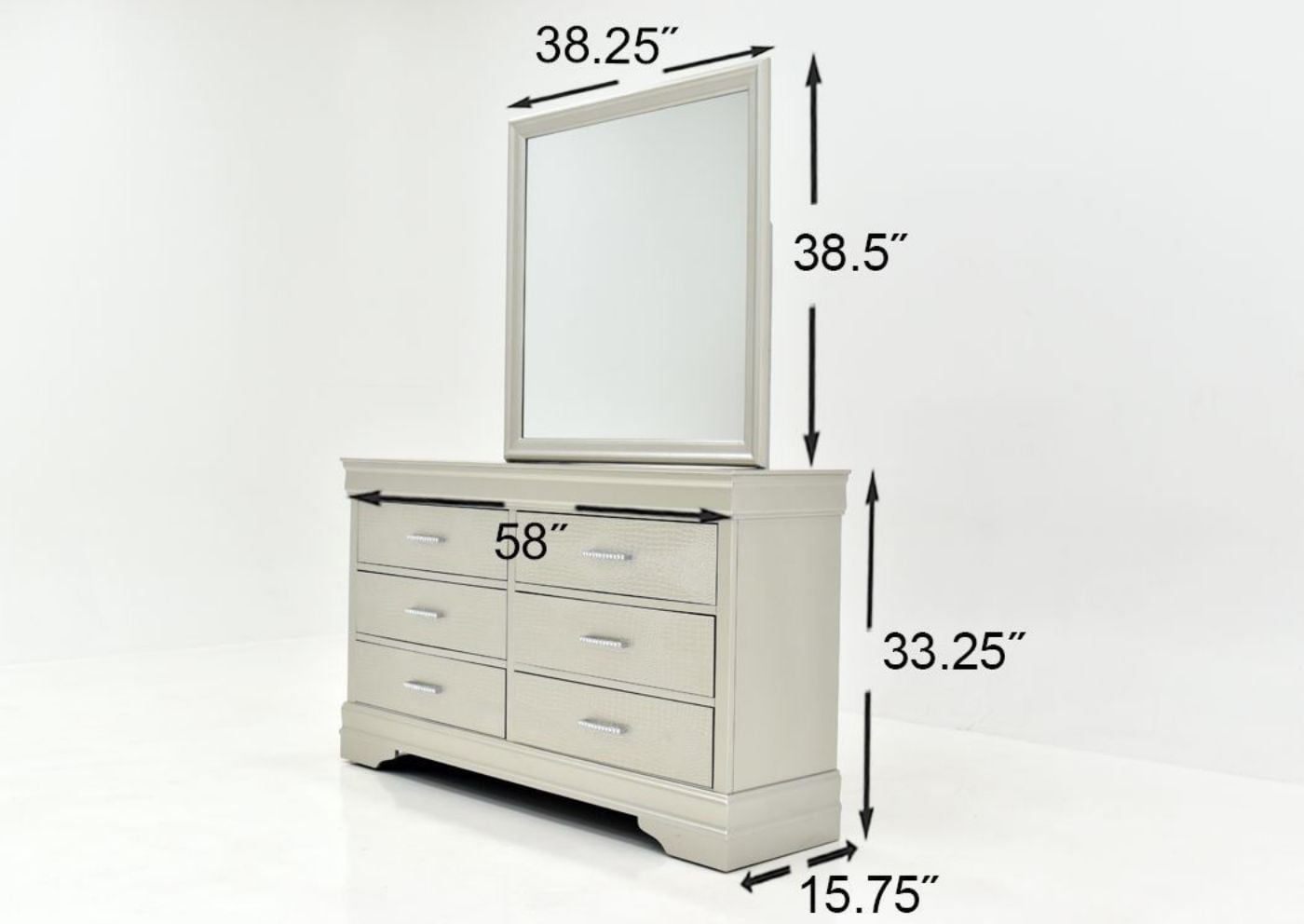 Silver Amalia King Size Bedroom Set  by Crown Mark Showing the Dresser with Mirror Dimensions | Home Furniture Plus Bedding