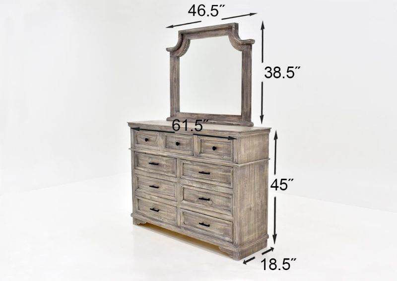 Gray Charleston King Size Bedroom Set by Vintage Furniture Showing Dresser with Mirror Dimensions | Home Furniture Plus Bedding