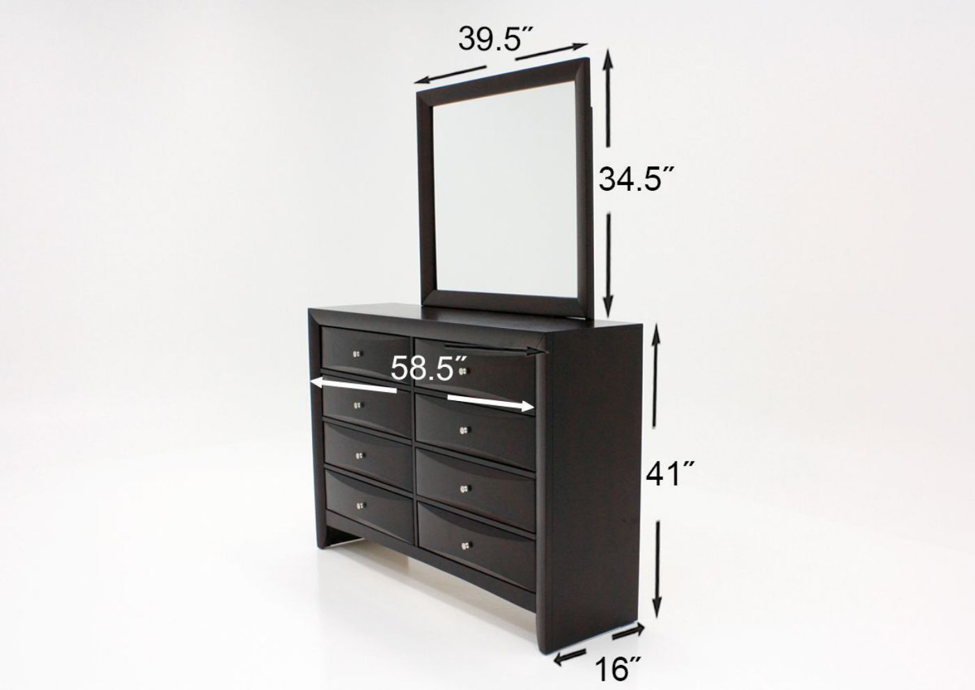 Warm Brown Emily King Size Bedroom Set by Crown Mark Showing the Dresser with Mirror Dimensions | Home Furniture Plus Bedding