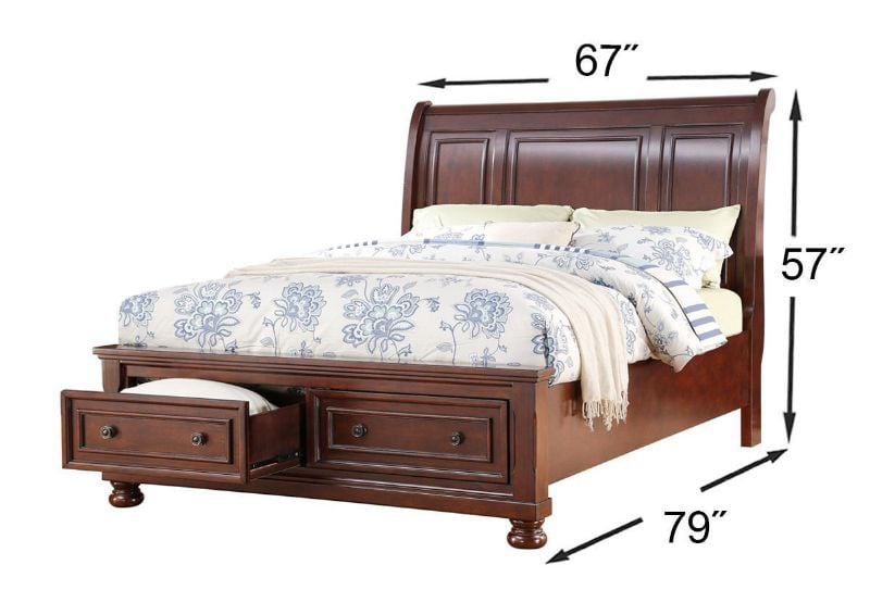 Cherry Brown Sofia Queen Storage Bed Showing the Dimensions | Home Furniture Plus Mattress