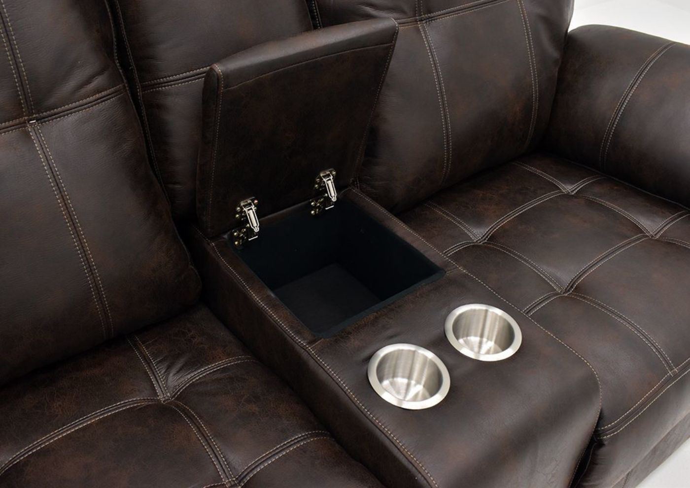 Brown Hollister Reclining Loveseat by Standard Showing the Storage Console and Cup Holders | Home Furniture Plus Mattress