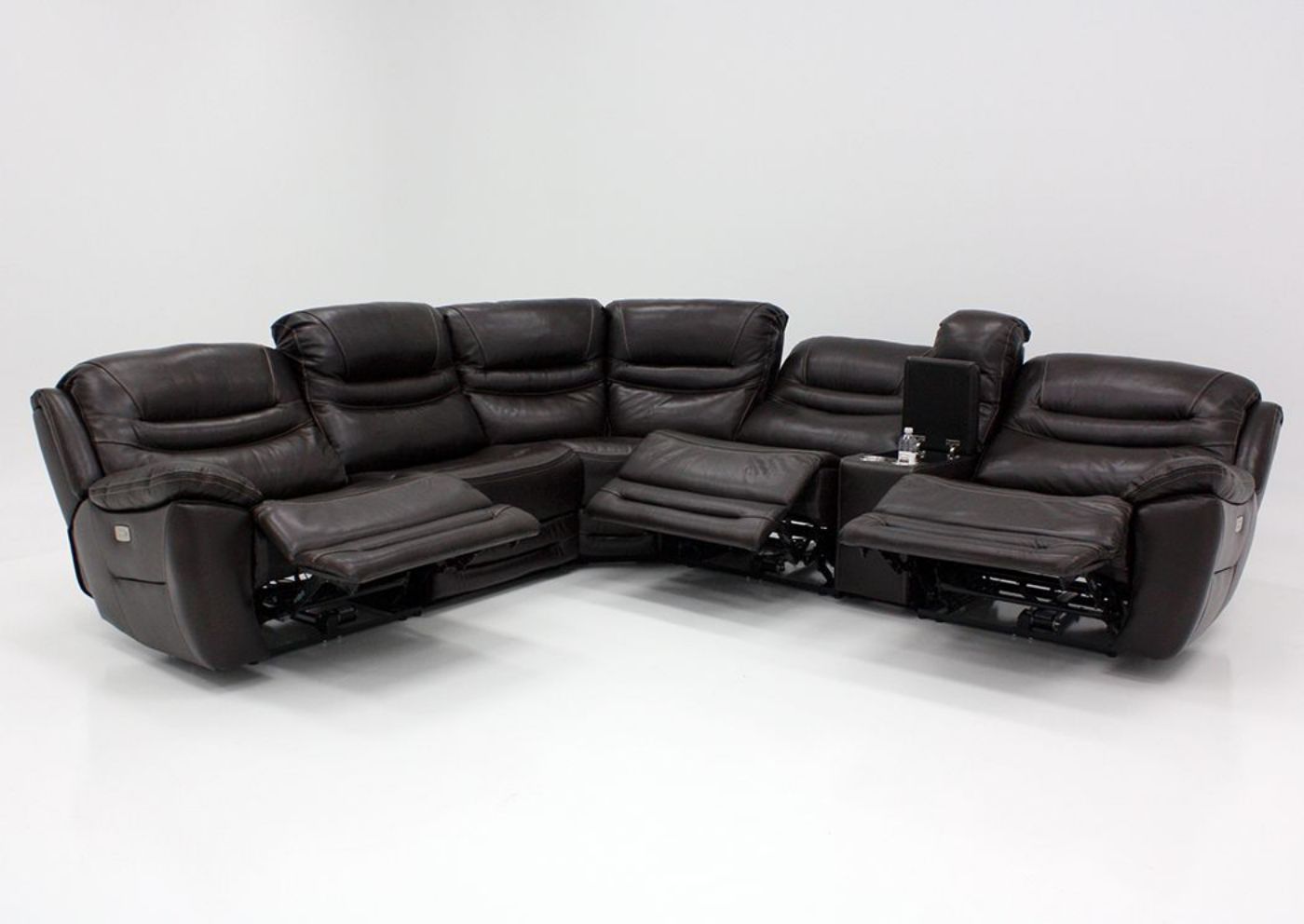 Brown Dallas POWER Reclining Sectional Sofa, Brown, Front Facing in a Reclined Position | Home Furniture Plus Bedding