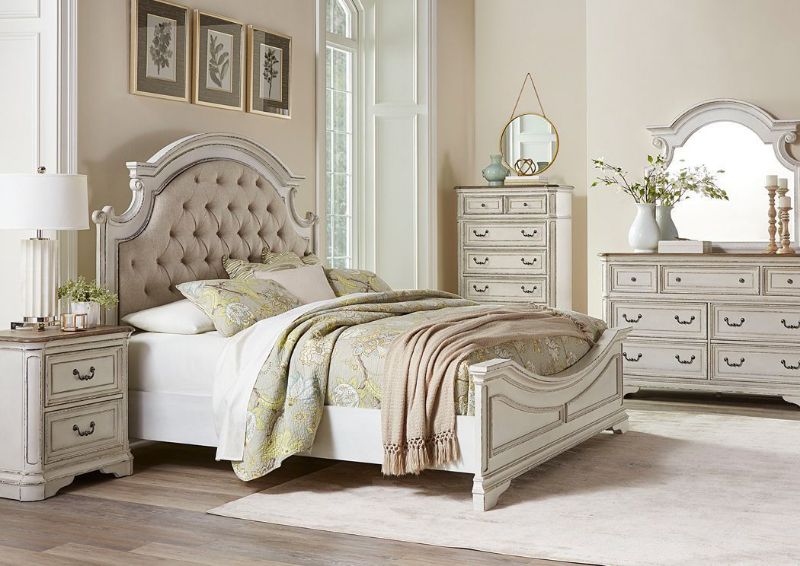 Antique White Stevenson Manor King Size Bedroom Set by Standard Showing the Room Setting | Home Furniture Plus Bedding