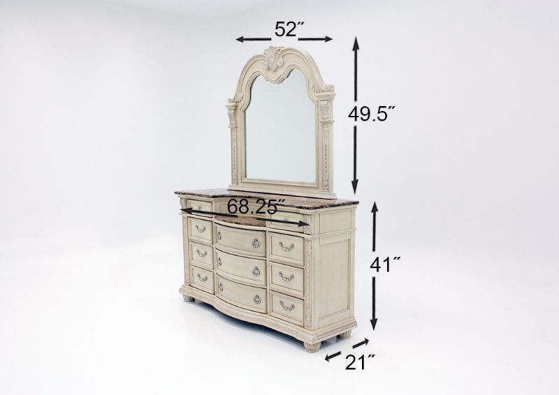 White Stanley King Size Bedroom Set by Crown Mark Showing the Dresser with Mirror Dimensions | Home Furniture Plus Bedding