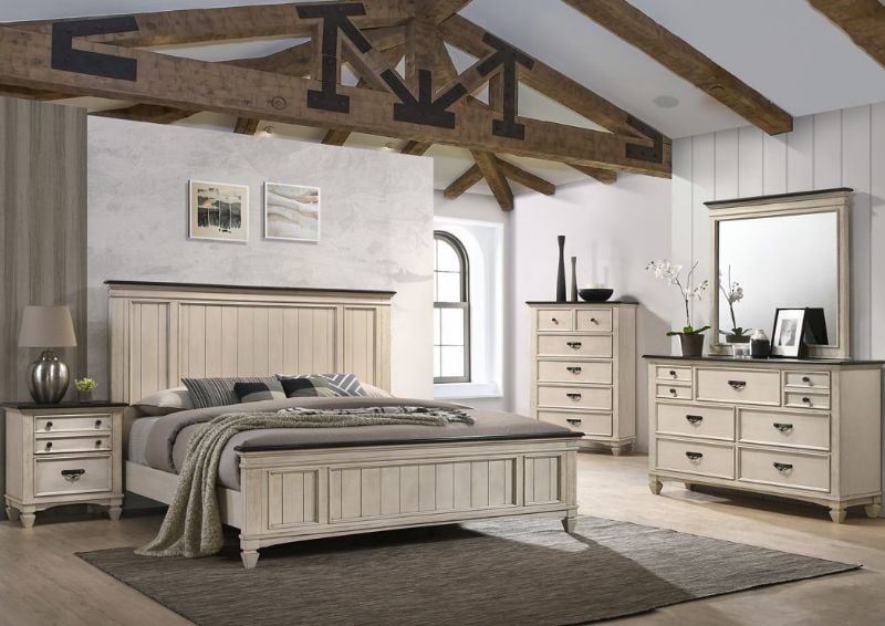 Antique White Sawyer King Size Bedroom Set by Crown Mark Showing the Room Setting | Home Furniture Plus Bedding