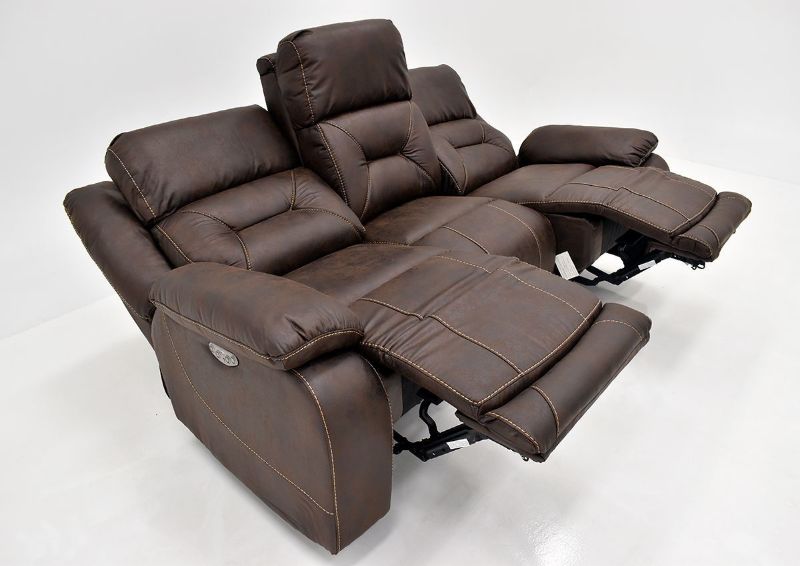 Brown Aria POWER Reclining Sofa by Steve Silver Showing the Angle View in a Fully Reclined Position | Home Furniture Plus Bedding