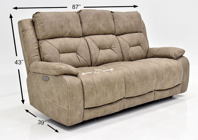 Light Sand Brown Aria POWER Reclining Sofa by Steve Silver Showing the Dimensions | Home Furniture Plus Bedding