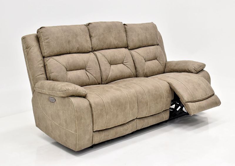 Light Sand Brown Aria POWER Reclining Sofa by Steve Silver Showing the Angle View With One Recliner Open | Home Furniture Plus Bedding