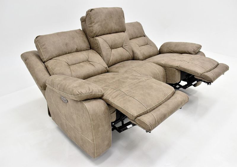 Light Sand Brown Aria POWER Reclining Sofa by Steve Silver Showing the Angle View in a Fully Reclined Position | Home Furniture Plus Bedding