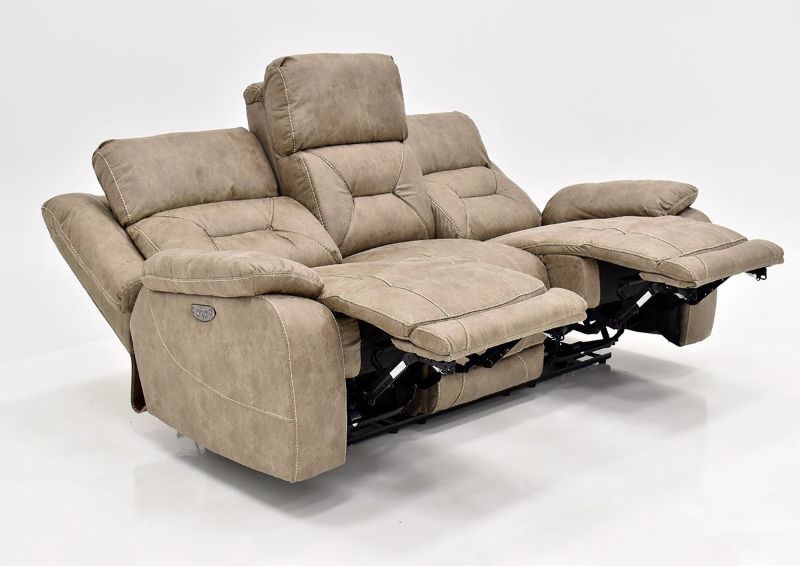 Light Sand Brown Aria POWER Reclining Sofa by Steve Silver Showing the Another Angle View in a Fully Reclined Position | Home Furniture Plus Bedding