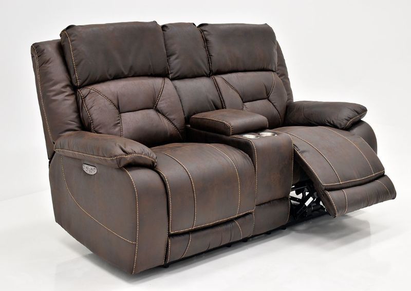 Brown Aria POWER Reclining Loveseat by Steve Silver Showing the Angle View With One Recliner Open | Home Furniture Plus Bedding