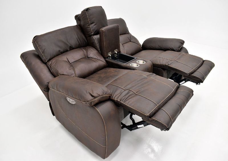 Brown Aria POWER Reclining Loveseat by Steve Silver Showing the Angle View in a Fully Reclined Position | Home Furniture Plus Bedding