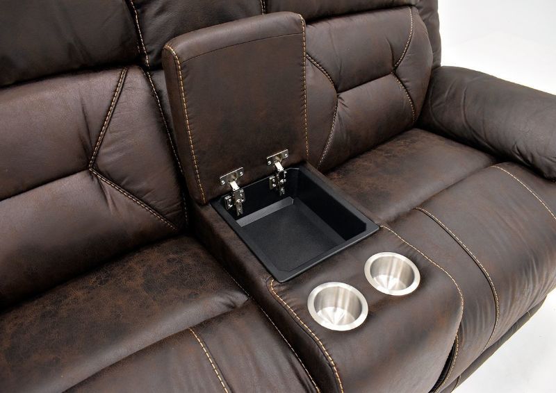 Brown Aria POWER Reclining Loveseat by Steve Silver Showing the Storage Console and Cupholders | Home Furniture Plus Bedding