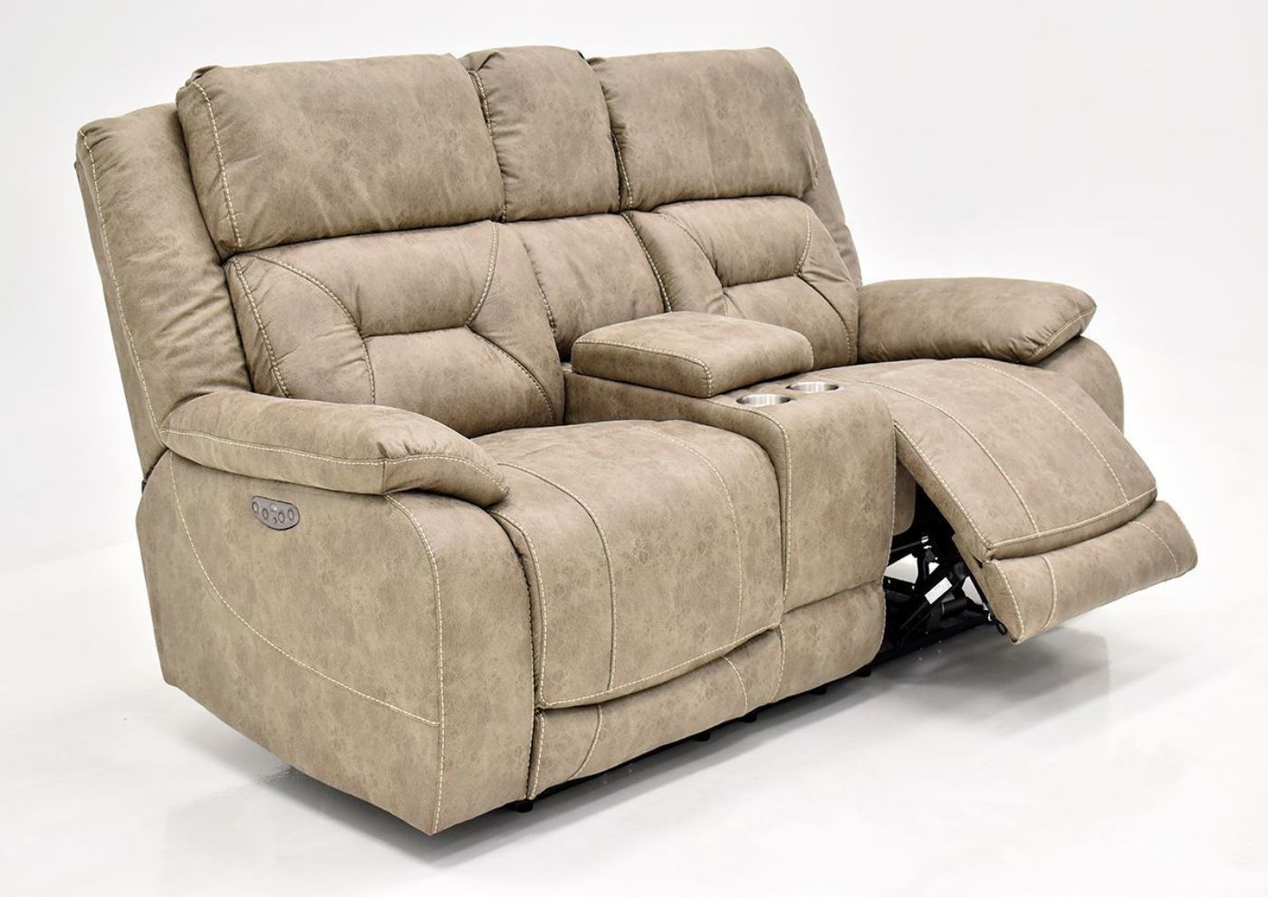 Sand Aria POWER Reclining Loveseat by Steve Silver Showing the Angle View With One Recliner Open | Home Furniture Plus Bedding