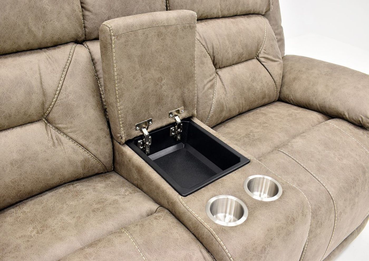 Light Sand Brown Aria POWER Reclining Sofa Set by Steve Silver Showing the Loveseat Angle View and the Storage Console and Cupholders | Home Furniture Plus Bedding