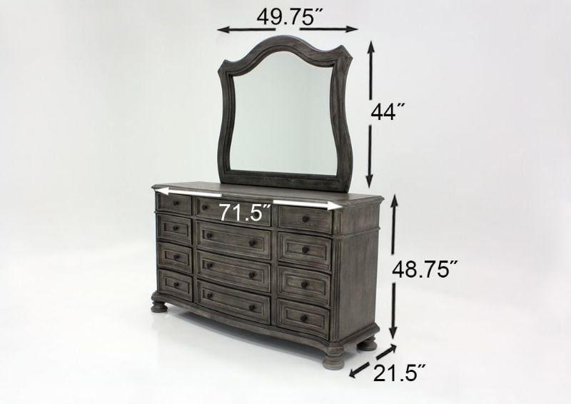 Gray Pecan Lake Way King Size Bedroom Set by Avalon Showing the Dresser with Mirror Dimensions | Home Furniture Plus Bedding