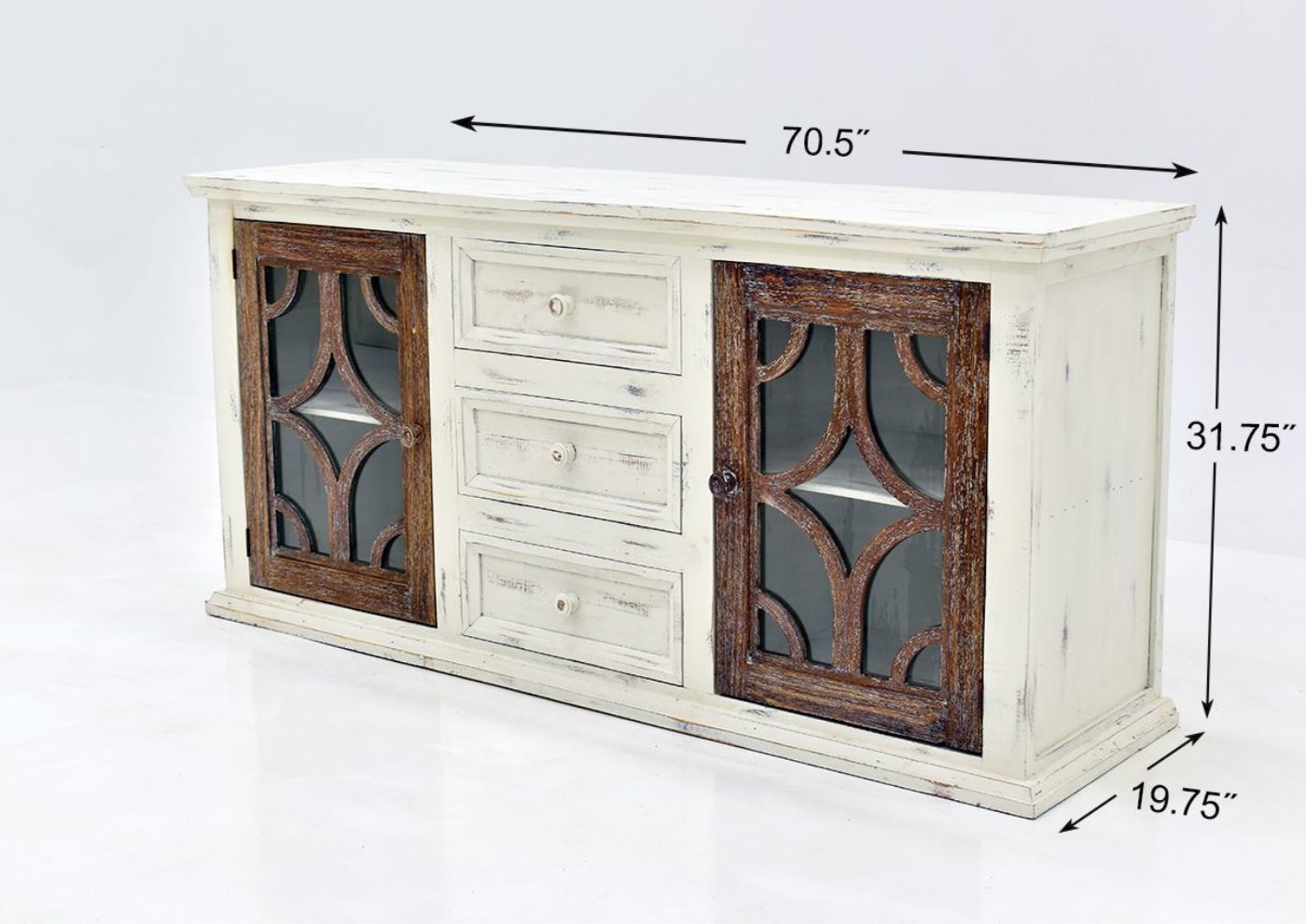 White and Brown Westgate TV Stand by Vintage Furniture Showing the Dimensions | Home Furniture Plus Bedding