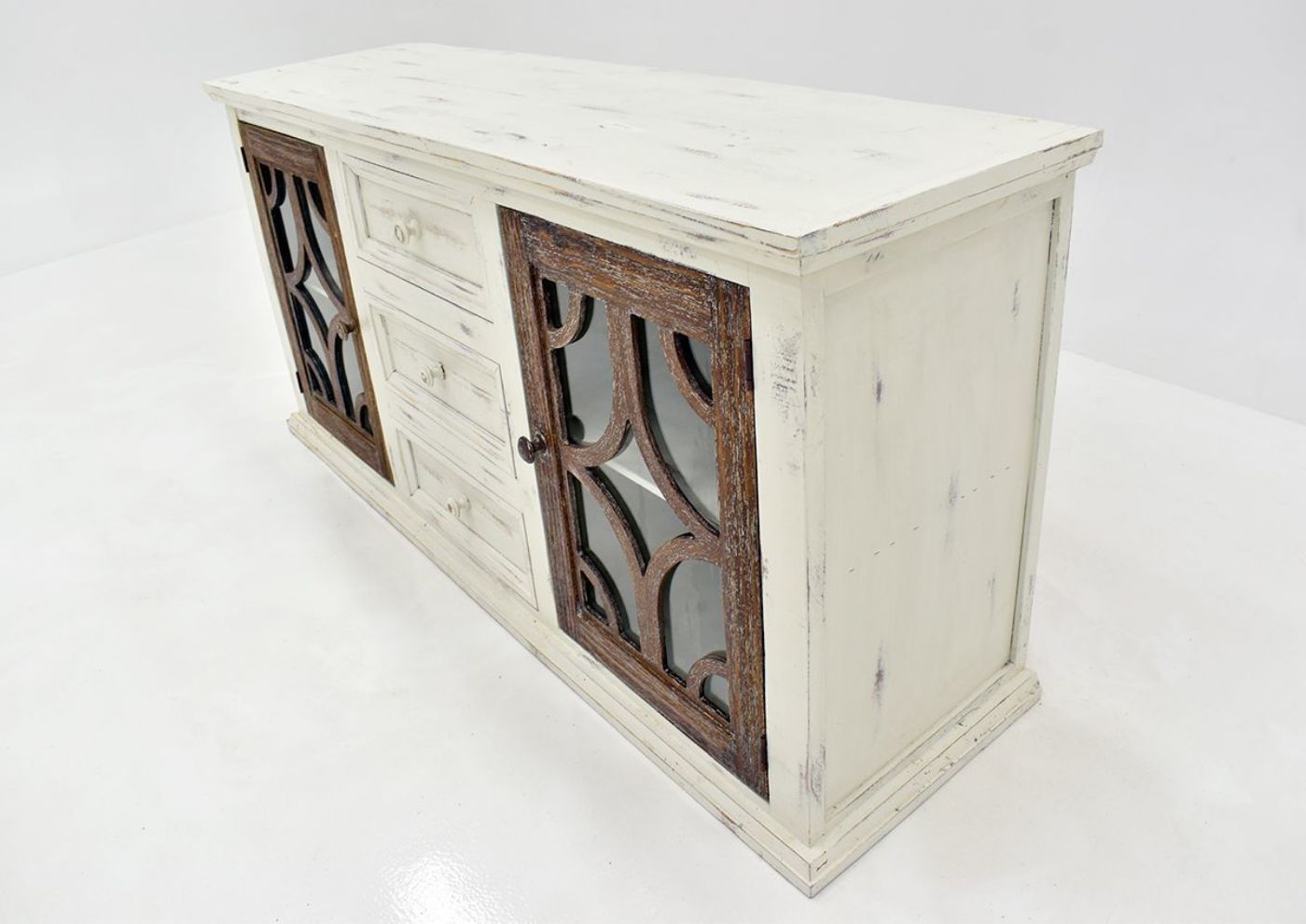 White and Brown Westgate TV Stand by Vintage Furniture Showing the Angle View | Home Furniture Plus Bedding