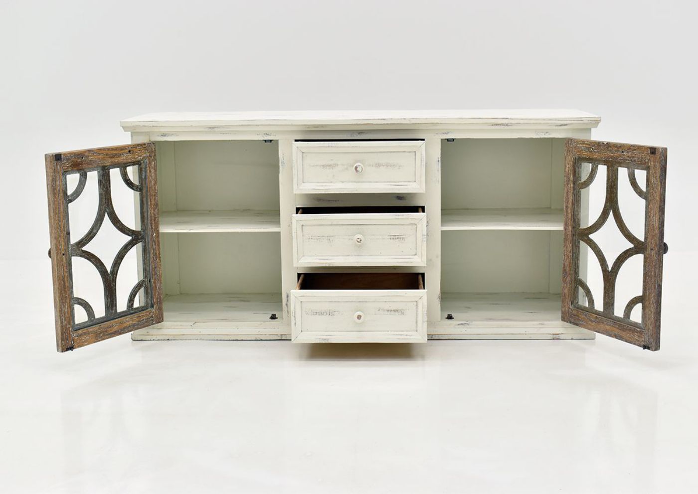 White and Brown Westgate TV Stand by Vintage Furniture Showing the Front View With the Doors and Drawers Open | Home Furniture Plus Bedding