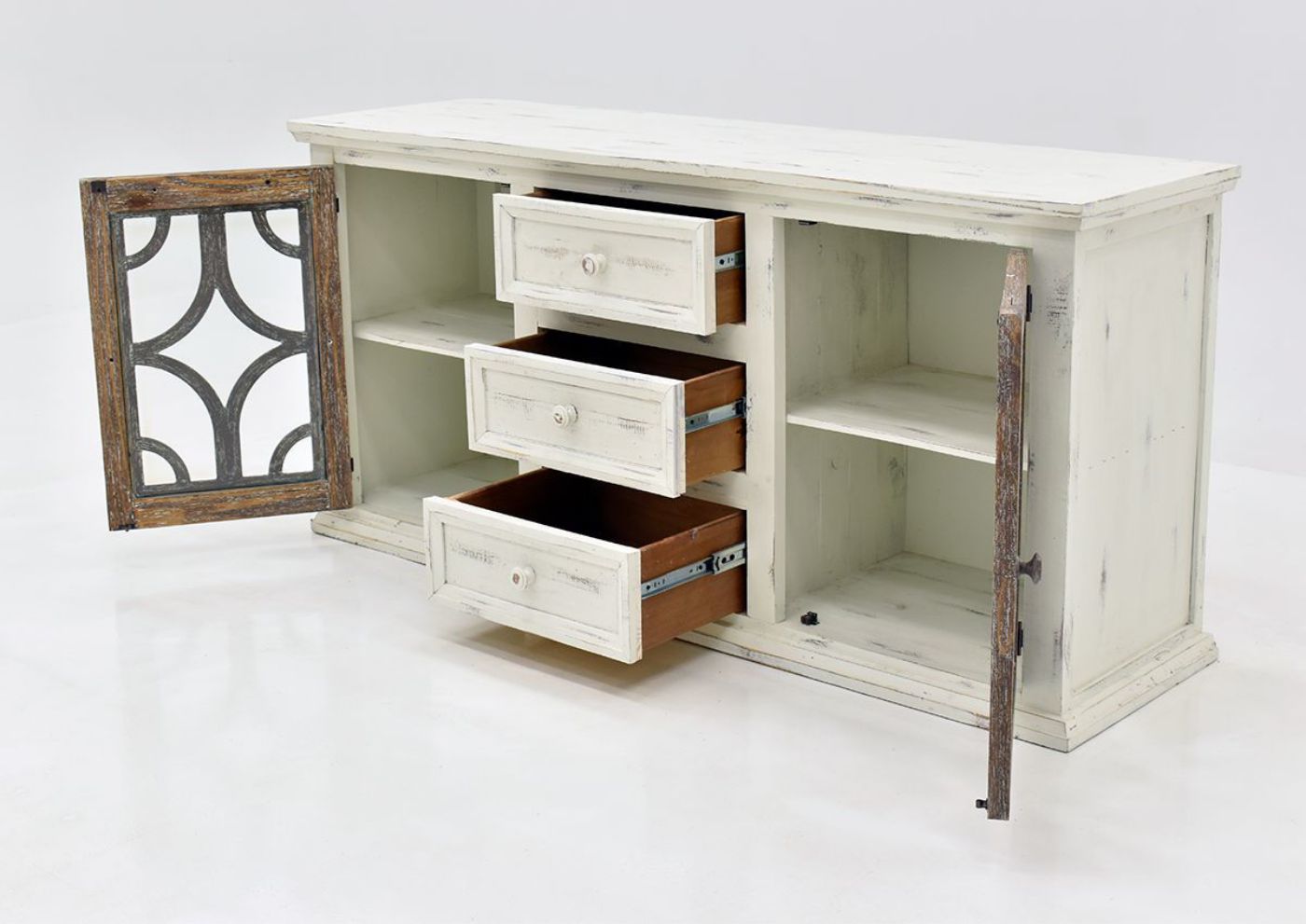 White and Brown Westgate TV Stand by Vintage Furniture Showing the Angle View With the Doors and Drawers Open | Home Furniture Plus Bedding