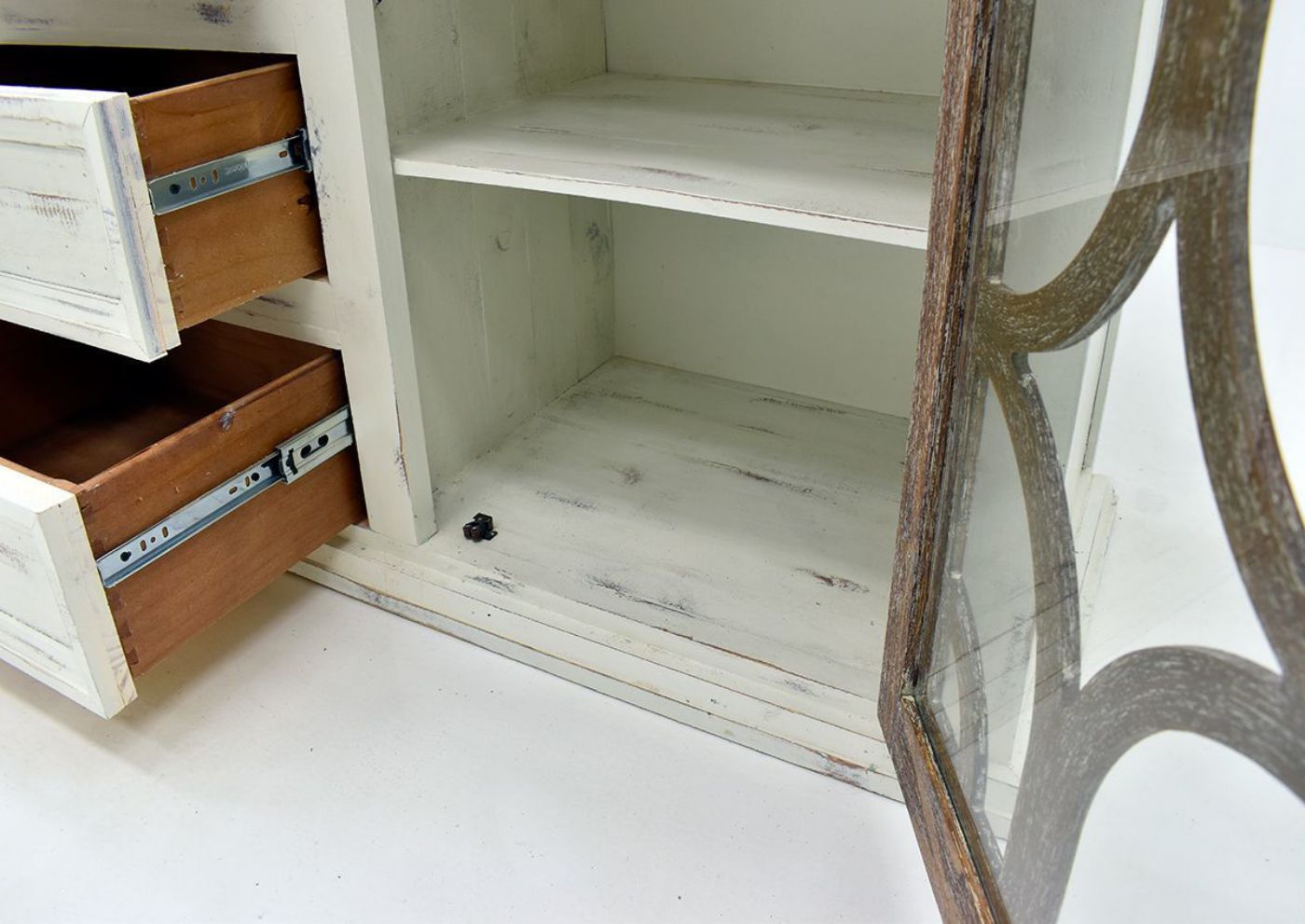 White and Brown Westgate TV Stand by Vintage Furniture Showing the Cabinet Interior Shelving | Home Furniture Plus Bedding