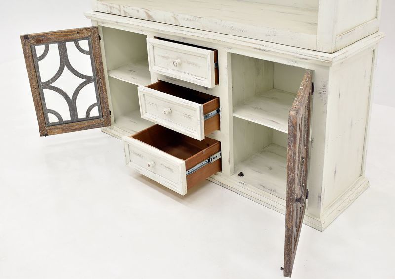 White and Brown Westgate Entertainment Center by Vintage Furniture Showing the Base Cabinet Doors and Drawers Open at an Angle View | Home Furniture Plus Bedding