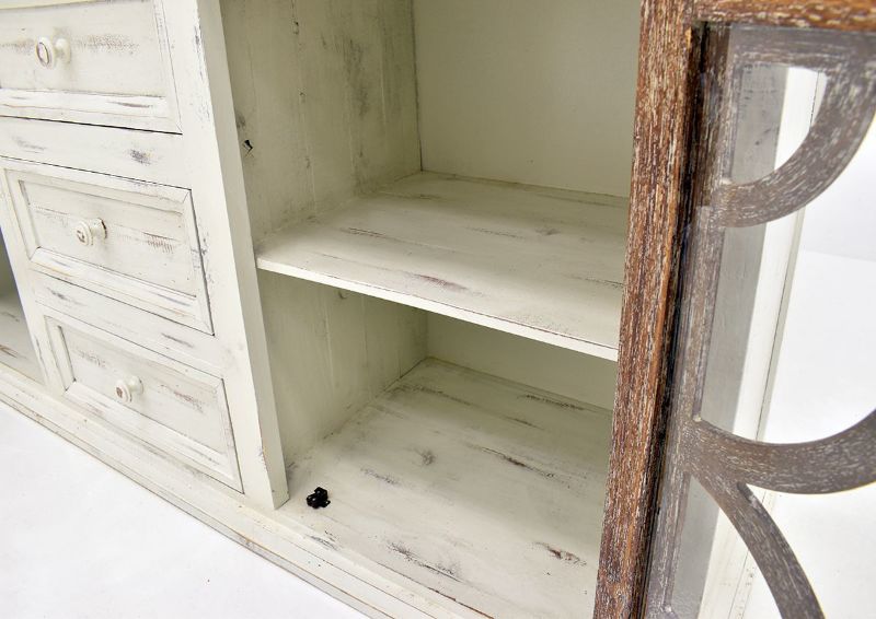 White and Brown Westgate Entertainment Center by Vintage Furniture Showing the Cabinet Interior Shelf Detail | Home Furniture Plus Bedding