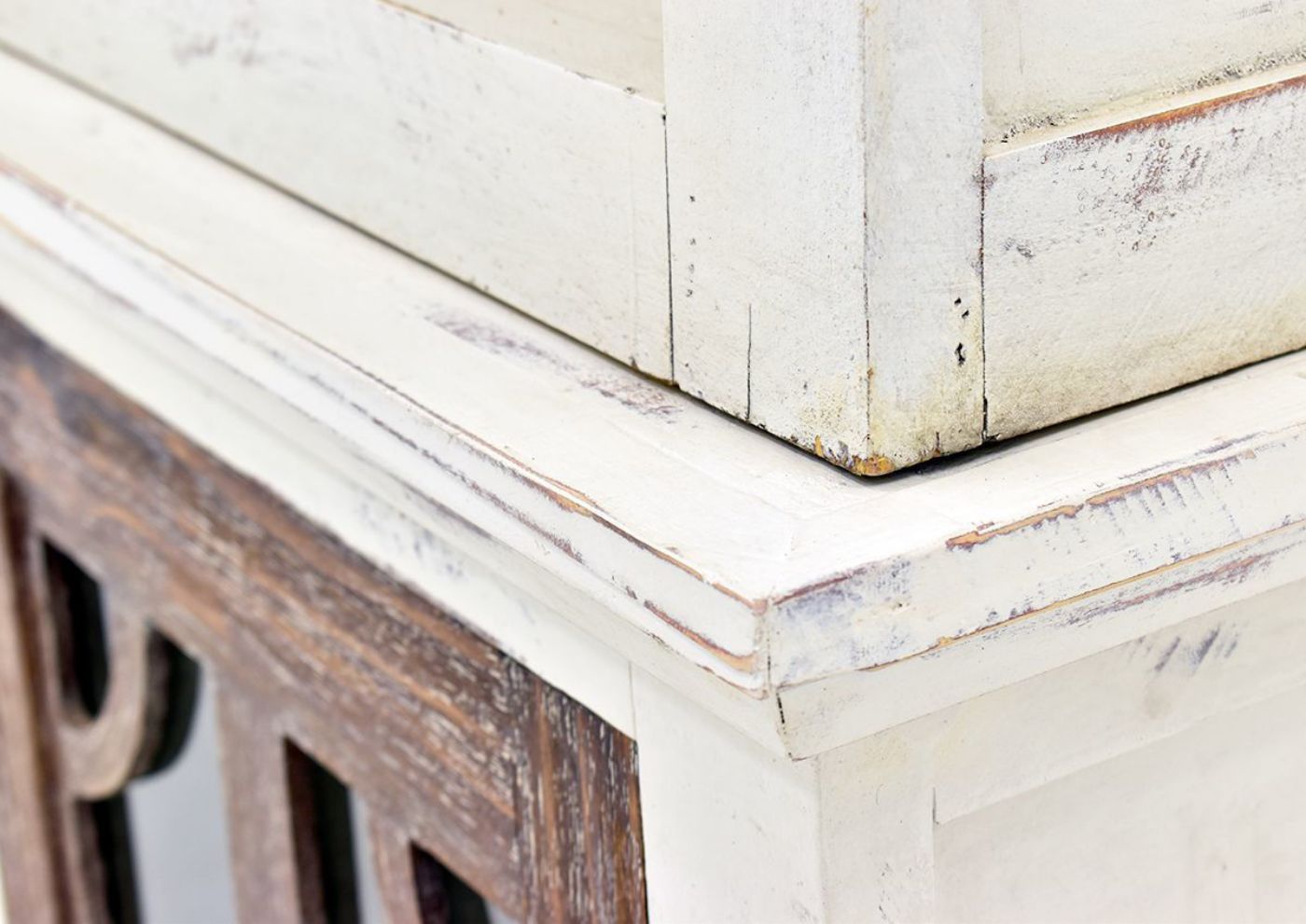 White and Brown Westgate Entertainment Center by Vintage Furniture Showing the Corner Detail | Home Furniture Plus Bedding