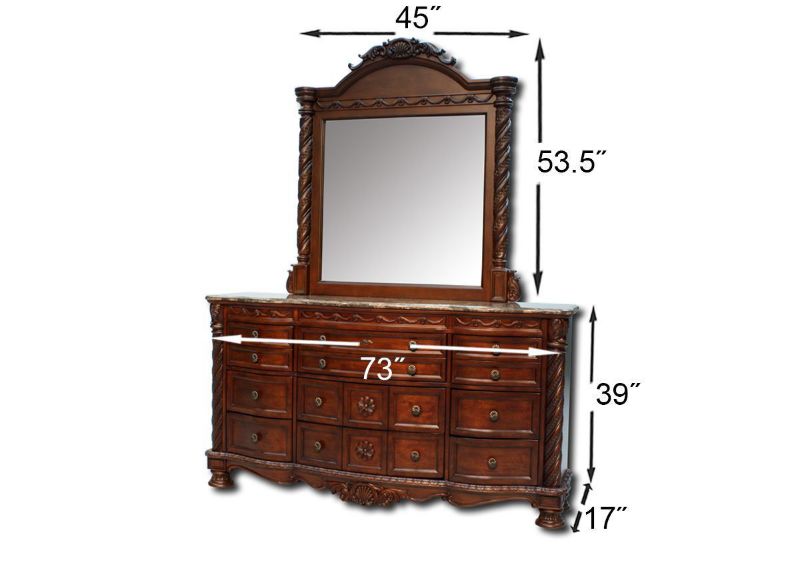 Warm Brown North Shore King Size Bedroom Set by Ashley Furniture Showing the Dresser and Mirror Dimensions | Home Furniture Plus Bedding