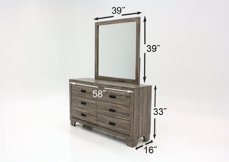 Gray Millie King Size Bedroom Set Showing the Dresser and Mirror Dimensions | Home Furniture Plus Bedding