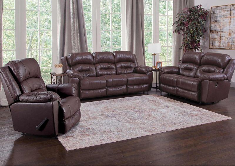 Brown Bellamy Leather Reclining Sofa Set by Franklin Furniture, Showing the Room View, Made in the USA | Home Furniture Plus Bedding