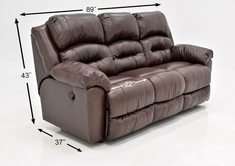 Brown Bellamy Leather Reclining Sofa by Franklin Furniture Showing the Dimensions, Made in the USA | Home Furniture Plus Bedding