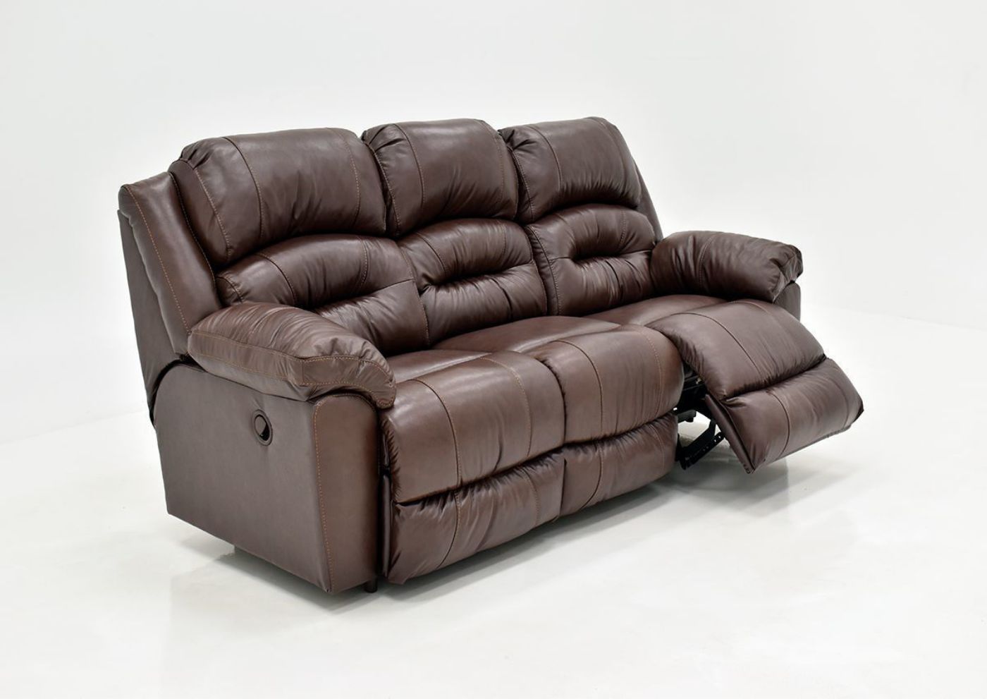 Brown Bellamy Leather Reclining Sofa by Franklin Furniture Showing the Angle View with One Recliner Open, Made in the USA | Home Furniture Plus Bedding