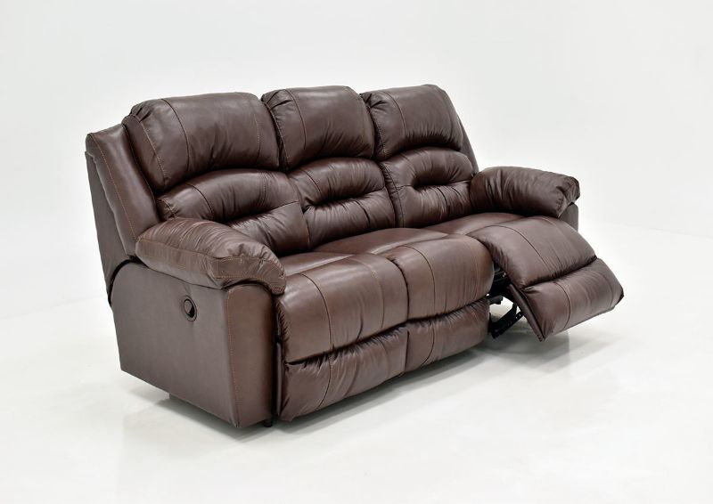Brown Bellamy Leather Reclining Sofa by Franklin Furniture Showing the Angle View with One Recliner Open, Made in the USA | Home Furniture Plus Bedding