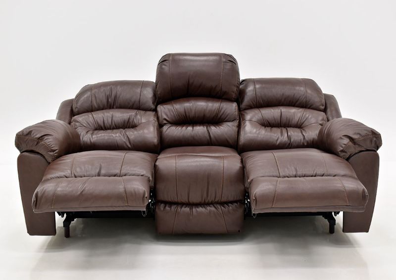 Brown Bellamy Leather Reclining Sofa by Franklin Furniture Showing the Front View in a Fully Reclined Position, Made in the USA | Home Furniture Plus Bedding