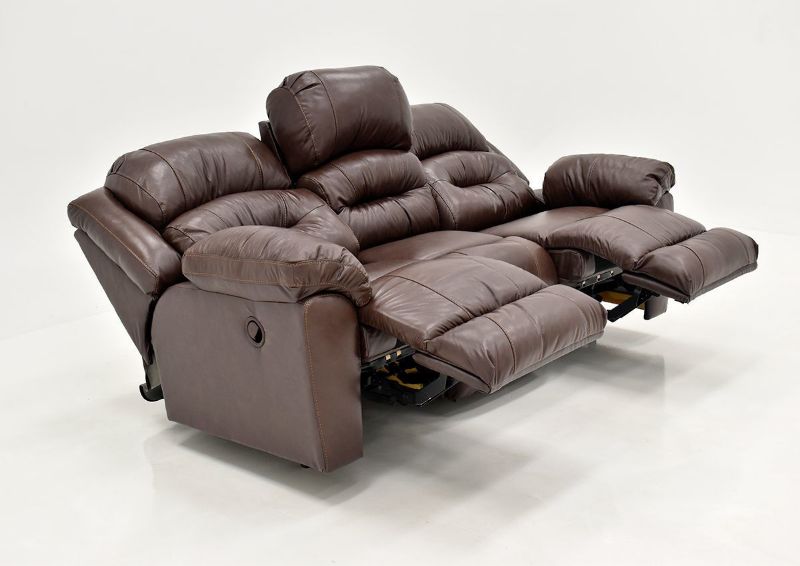 Brown Bellamy Leather Reclining Sofa by Franklin Furniture Showing the Angle View in a Fully Reclined Position, Made in the USA | Home Furniture Plus Bedding