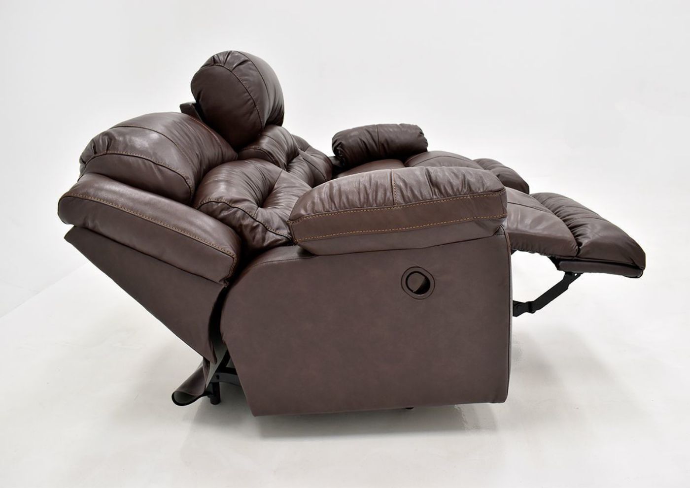 Brown Bellamy Leather Reclining Sofa by Franklin Furniture Showing the Side View in a Fully Reclined Position, Made in the USA | Home Furniture Plus Bedding