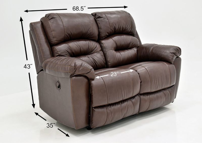 Brown Bellamy Leather Reclining Loveseat by Franklin Furniture, Showing the Dimensions, Made in the USA | Home Furniture Plus Bedding